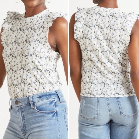 Nation Ltd Paulette Floral Flutter Sleeve Pima Cotton Top Cottagecore - Picture 1 of 9
